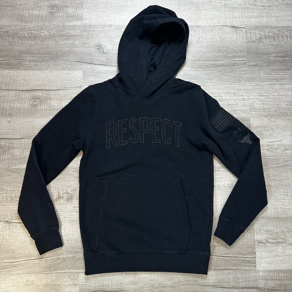 Under Armour Project Rock Mens Small Black Respect Hoodie 1345581 USA Flag Bull